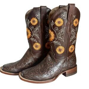 Reywelt Western Boots Embossed Leather Sunflower Embroidery Size 8 Square Toe